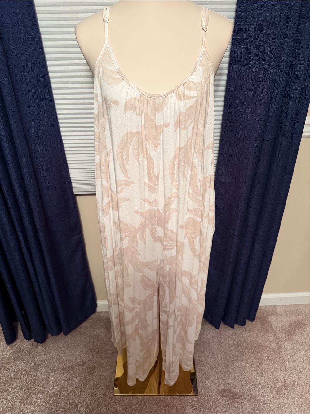 Cream w/Tan Leaf-Print Maxi Wide-leg Jumpsuit